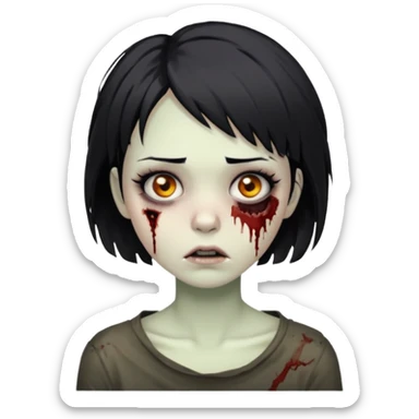 Zombie girl with messy black short hair with lashes and torn cheek and calm face sticker