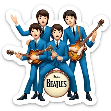 Cinematic Realistic The Beatles Group Emoji, depicted as an iconic band of four exuding playful charisma and musical genius with retro instruments and vibrant expressions, rendered with rich textures and nostalgic dynamic lighting that captures their legendary impact on pop culture. sticker
