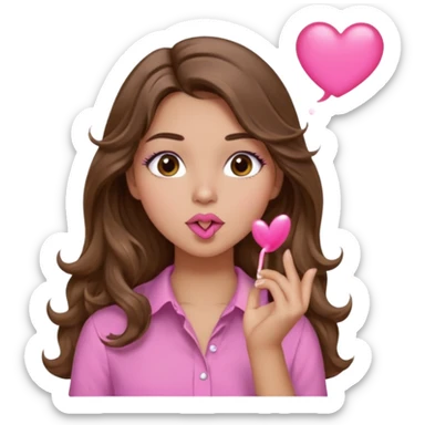 girl with long wavy brown hair, brown eyes, light to medium complexion, in a pink shirt, pink lips, long lashes, blowing a kiss sticker