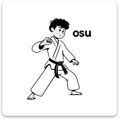 Kyokushin martial artist in white gi, black belt, ready position, with 'osu' text present in hand-drawn notion style sticker