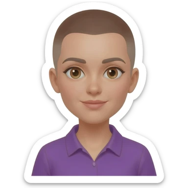 White skin ,  female, light brown buzzcut, purple shirt, light eyes sticker