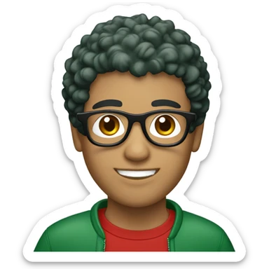Unisex person ’light skin’ ’short curly dark green hair’ in a ’red Santa hat’ and black tshirt and round glasses  sticker