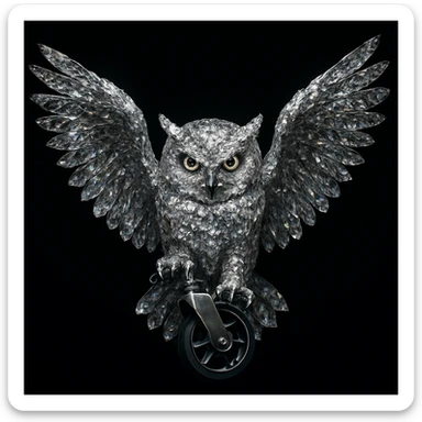 A majestic owl made of sparkling diamonds, crystalline texture, wings fully spread as if landing to catch prey, intense and serious facial expression, piercing beautiful eyes, holding a chair wheel in its claws, ultra detailed, hyper realistic, dramatic lighting, cinematic atmosphere, solid black background, void, nothingness, 8k, high contrast, sharp focus sticker