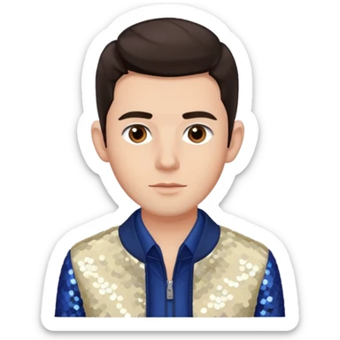 Jonathan Bailey with dark brown hair, brown eye, ivory sequin jacket, navy blue shirt sticker