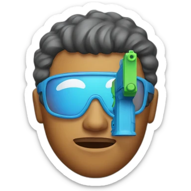 Man with water pistol attached to his forehead sticker