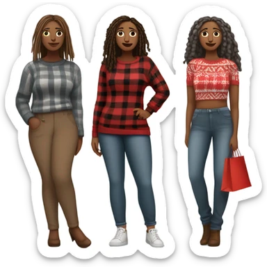 Curvy woman gray locs in pants shopping.  Another curvy woman is brown with red locs in a skirt with plaid sweater shopping sticker
