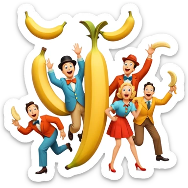 A vintage movie poster-style design featuring slapstick humor elements—funny characters in exaggerated poses, oversized props, and bright colors. Include elements like pies in faces, a falling banana peel, and cheerful expressions. Retro cinematic style. Transparent background. sticker