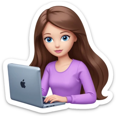beautiful barbie girl with long brown hair, blue eyes and wearing light purple clothes playing computer games sticker