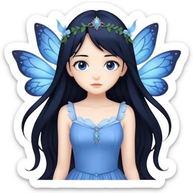 Gothic anime fairy with long beautiful black hair and blue dress, pastelcore, sticker
