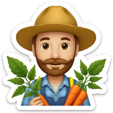 farmer emoji in classic apple style, same outfit and hat as original 🧑‍🌾, holding a fiddlehead fern instead of a carrot, light moustache and beard, facial features inspired by reference photo, cheerful expression sticker