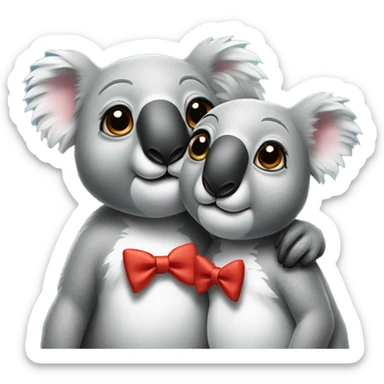 Two koalas cuddling, one with a bow on its head and the other with a bow tie sticker