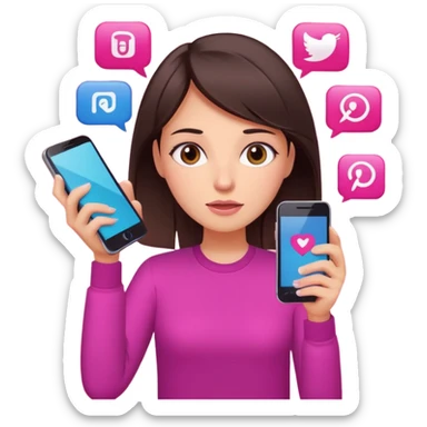 Social media manager. She has dark brown hair, brown eyes, overwhelmed expression, slightly stressed face,a holding a smartphone with notifications piling up. Use vibrant colors with a focus on pink and fuchsia tone sticker