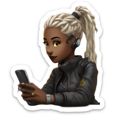 Cyberpunk girl with the phone in coffee shop with iced latte sticker