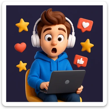 Create a detailed Generation Z character in a cartoonish 3D style with a surprised expression, wearing a blue hoodie, sitting on a yellow chair, holding a laptop and surrounded by floating icons of stars, likes and hearts.
The character should have stylised brown hair, large expressive eyes, white on-ear headphones and a soft, expressive Pixar-style look.
Depict the character in full, centred in the frame, with even studio lighting, soft shadows and a clean dark purple background for contrast. sticker