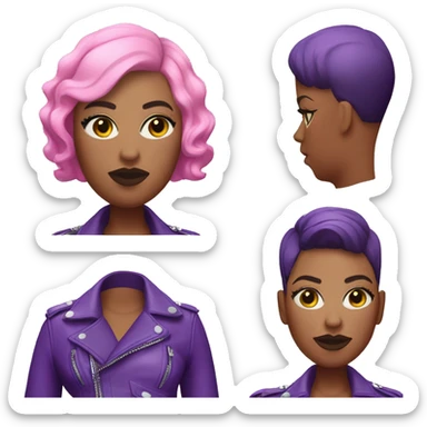 Plus size black woman with short buzz cut pink hair and a purple leather biker jacket with makeup on face. sticker