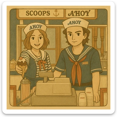 Transform the scene of the ice cream shop from Stranger Things featuring Robin and Steve in Scoops Ahoy uniforms into a delicate Ghibli style illustration. Use dark, thick contours and pastel color tones with a slightly aged texture. The style should match the delicate and textured look of the reference images showing Lucas and Max in the bumper car and Mike and Eleven at the claw machine. sticker