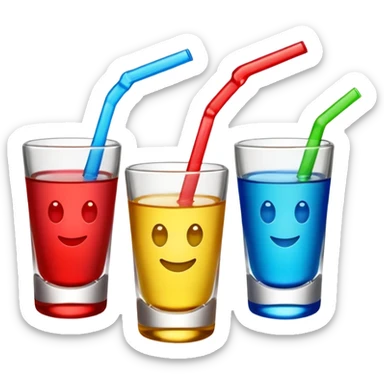 three shot glasses, each with a different colorful drink, classic emoji style, simple and clear sticker