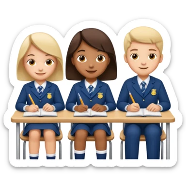 three school children sitting in a row behind their school desks sticker