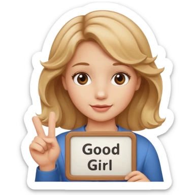 Can you make her more browny blonde with a slight curl in her hair with rosy cheeks holding a sign saying good girl  sticker