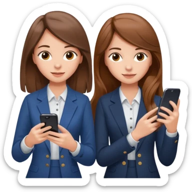 two brown haired girls, looking professional maybe leaned back on back and looking forward and using phones, with longer hair and with some cute clothes sticker