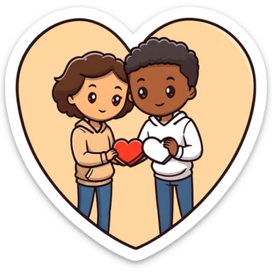 A couple with dark brown hair and mixed skin tone inside a white heart, both wearing beige clothes sticker