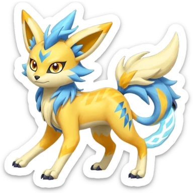 Feral Lightning-patterned Zig-zagged buzzy fuzzy Meloetta-Renamon-Zeraora-Luxray-Cobalion-Suicune-Vernid-fusion-hybrid-creature, full body  sticker