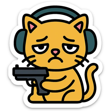 tired sad cat holding a gun, wearing headphones, colored icon sticker