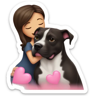Brunette kissing big black pitbull dog, pink hearts sticker