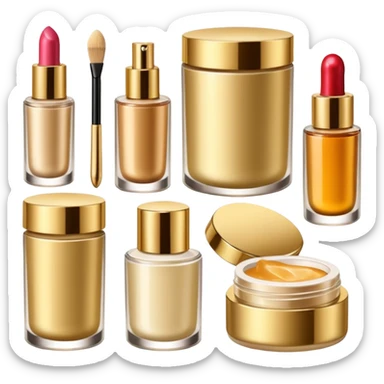 PVarios rodutos de beleza com tampa dos potes dourados e fundo transparente pra usar como figurinha sticker