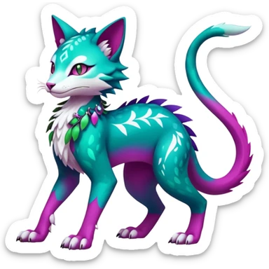 Kawaii cute colorful iridescent deep-dark-turquoise-green and magenta and white beautiful pretty elegant divine edgy feline-vernid-sergal-Fakémon-Pokémon-fursona-animal-creature with accessories, full body, with intricate detailed markings sticker