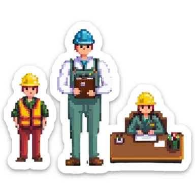 Boss employer with clipboard supervising workers sticker