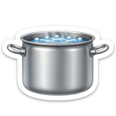 small metal pot filled with boiling water on a stove, visible hot steam and rising bubbles, realistic heat effect, shiny pot surface, bright lighting, clean white background

 sticker