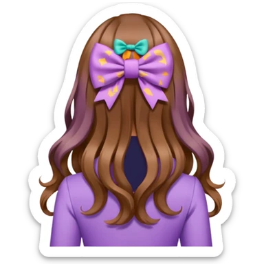 long wavy brown hair from behind with a medium lilac bow sticker