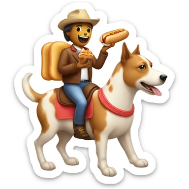 Dog eating a hot dog and riding a horse sticker
