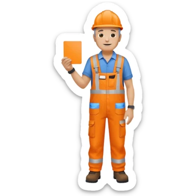 older engineer hi-vis orange overalls full body holding a card sticker