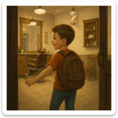 Sartaroshxonaga kirib kelayotgan bola sartaroshxona unchalik eski emas ammo yangi ham emsa sticker