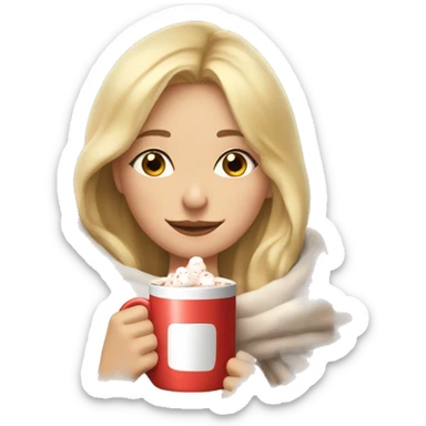 pretty blonde girl with eyes closed wrapped in big blanket drinking hot chocolate with marshmallows sticker