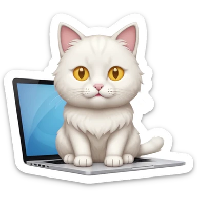 simple and modern cat sitting in front of a MacBook working, emoji style sticker