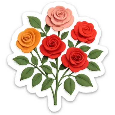 rose bush with many blossoms, delicate paper layers, expressive leaves, various rose colors sticker