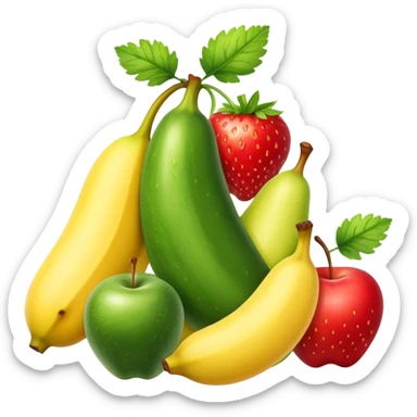 Group of fruits: banana, pear, cucumber, strawberry, red apple and parsley. Apple emojis style, they must be stacked on top of each other. sticker