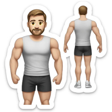 Full height realistic Actively gesturing with hands Pale skinned Fit Man With the biceps and brown hair in dark gray Sleeveless Mike, black oversize sports shorts, watch and white Sneakers sticker