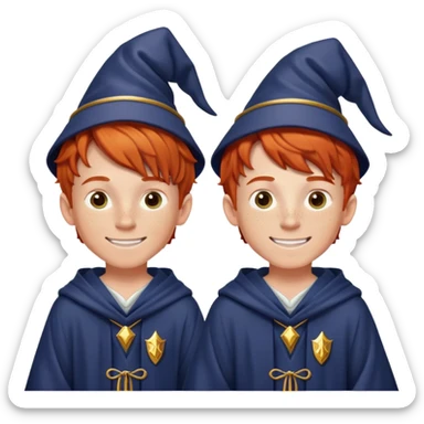 Two identical redheaded teenage boys with mischievous grins, freckles, and wizard robes sticker