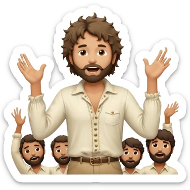 solarpunk realistic ultra HD - messy, shaggy, bearded Jim Morrison in an ivory Victorian shirt, in an ecstatic dramatic pose, singing on stage sticker