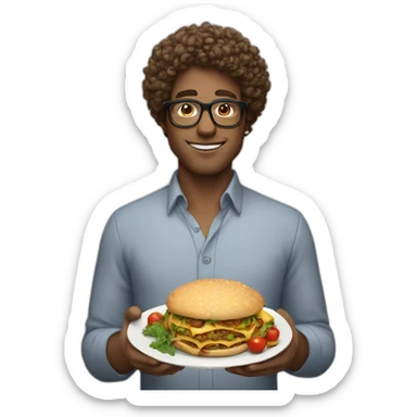 white guy with curly hair wearing glasses with a meal in hands sticker