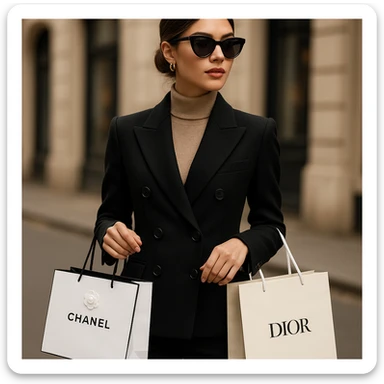 A fashionable young woman with Chanel and Dior bags in her hands, dressed in chic attire, confident and poised. sticker