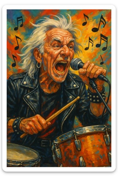 senior rocker drummer singing into mic with wild expression, earrings, classic rock outfit, energetic, music notes, lively background sticker