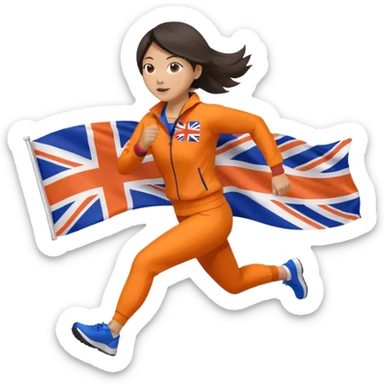 asian woman in orange sport suit and uk flag on the back holding it, running sticker