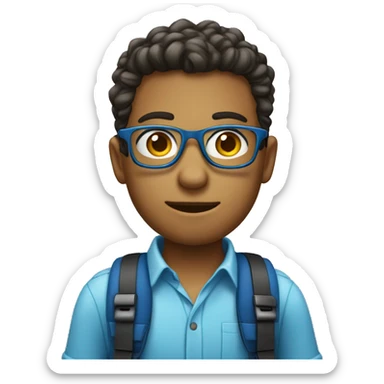 Joven con gafas, camisa azul y mochila sticker