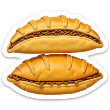 Jamaican patty, golden flaky pastry with crimped edge, slightly open to reveal spicy beef filling, emoji style sticker