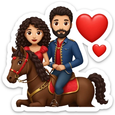 pareja de Mujer morena rizada cabello largo castaño ojos oscuros y hombre piel blanca con caballo oscuro con barba y ojos marron alrededor de la pareja corazones sticker
